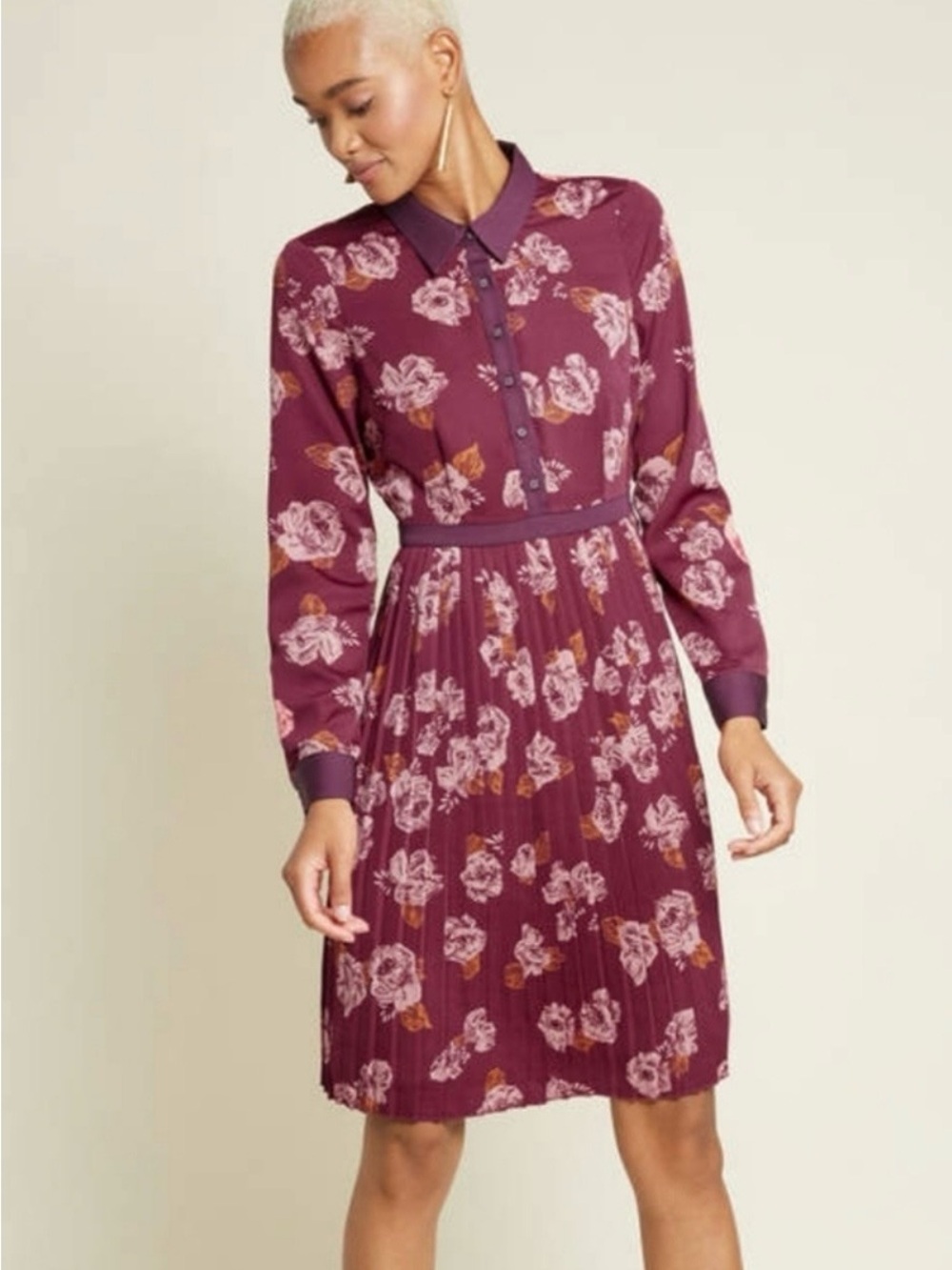 Pleated ModCloth Plus-Size Floral Shirt Dress in Burgundy and Pink